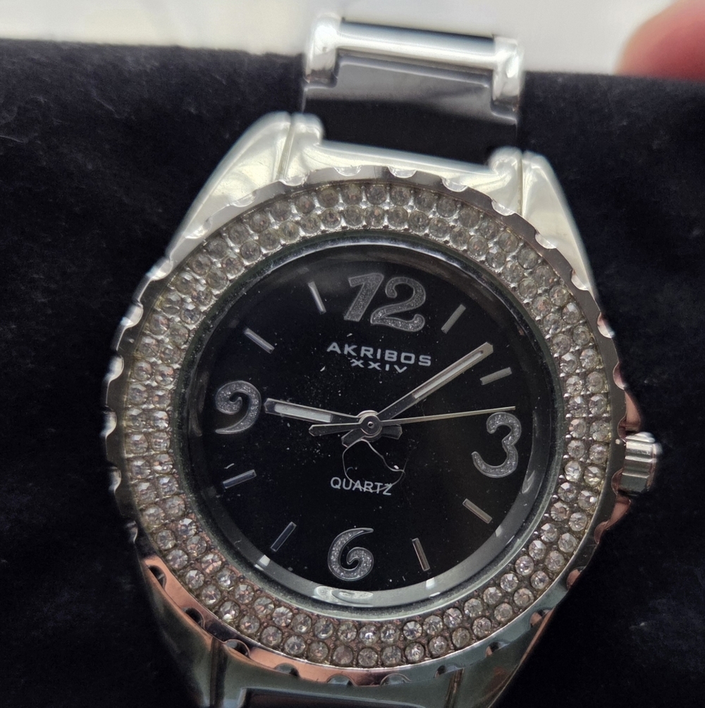Akribos XXIV Silver Tone Watch with Black Dial and Crystal Bezel